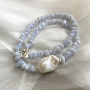 Blue Lace Agate Nugget Beads Necklace, Sterling Silver Marine Closure