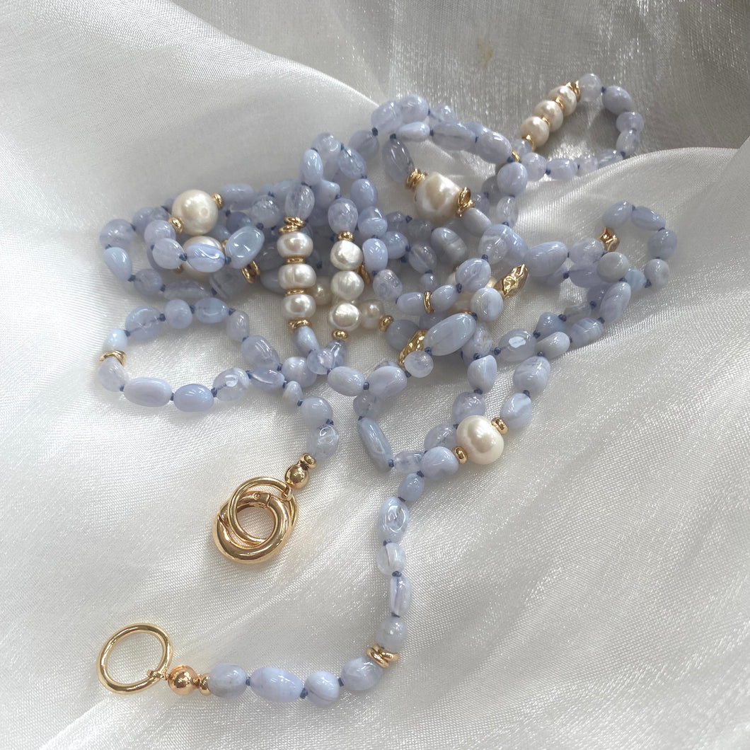 Versatitle Blue Lace Agate and freshwater pearl rope necklace