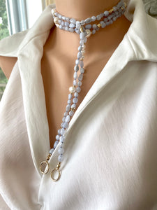 Blue Lace Agate & Freshwater Pearl Necklace, 58 'in Long Lariat Layered Necklace, Gold Plated