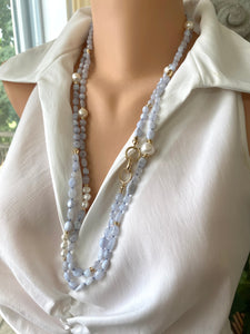 Blue Lace Agate & Freshwater Pearl Necklace, 58 'in Long Layered Everyday Necklace, Gold Plated