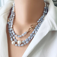 Cargar imagen en el visor de la galería, Blue Lace Agate &amp; Freshwater Pearl Necklace, 58 &#39;in Long Layered Necklace, Gold Plated
