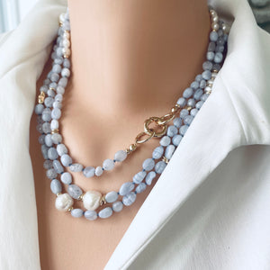 Blue Lace Agate & Freshwater Pearl Necklace, 58 'in Long Layered Necklace, Gold Plated