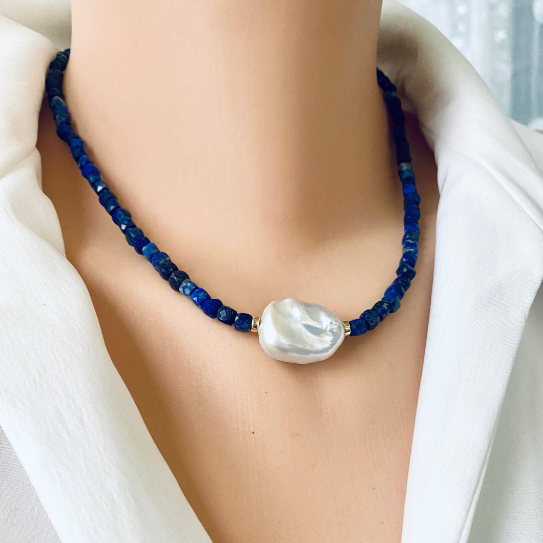 Delicate Lapis Lazuli Beaded Necklace with Fresh Water White Baroque Pearl, 17