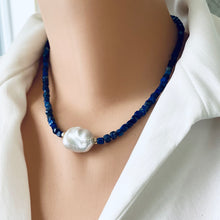 Cargar imagen en el visor de la galería, Delicate Lapis Lazuli Beaded Necklace with Fresh Water White Baroque Pearl, 17&quot;inches
