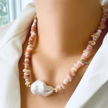 Cargar imagen en el visor de la galería, Pink Opal Chips and Large Freshwater Baroque Pearl Necklace with Gold Filled Beads &amp; Closure, 18.5&quot;inch
