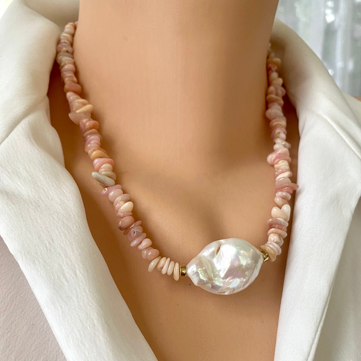 Pink opal pearl necklace handmade in Canada
