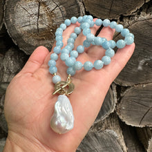 Cargar imagen en el visor de la galería, Aquamarine Necklace w Freshwater, Baroque Pearl, Artisan Gold Bronze &amp; Gold Filled components 20.5&quot;inches
