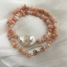 Charger l&#39;image dans la galerie, Statement Necklace featuring; Pink Opal Chips and Large Freshwater Baroque Pearl Necklace with Gold Filled Beads &amp; Closure, 18.5&quot;inch
