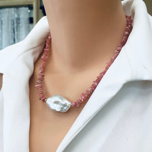 Elegant Pink Rhodochrosite Chips and Freshwater Baroque Pearl Necklace with Gold Filled Details, 18.5"inc