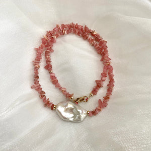 Pink Rhodochrosite Nuggets and Freshwater Baroque Pearl Short Necklace with Gold Filled Details