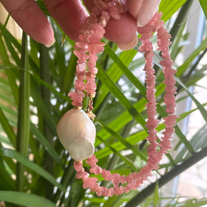 Soft and Feminine Pink Rhodochrosite Necklace with one Large Baroque Pearl in the Middle
