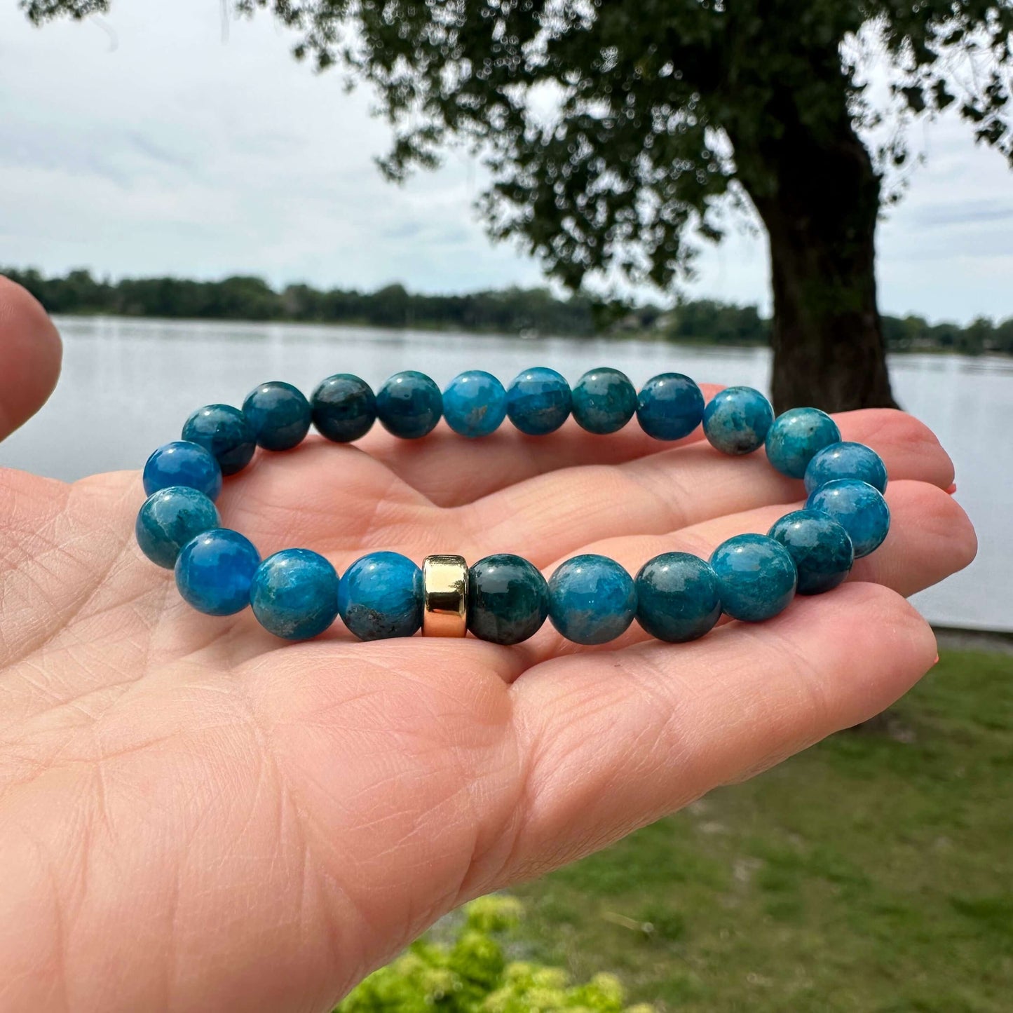 Blue Apatite Bracelet product close-up – 6mm beaded stretch design