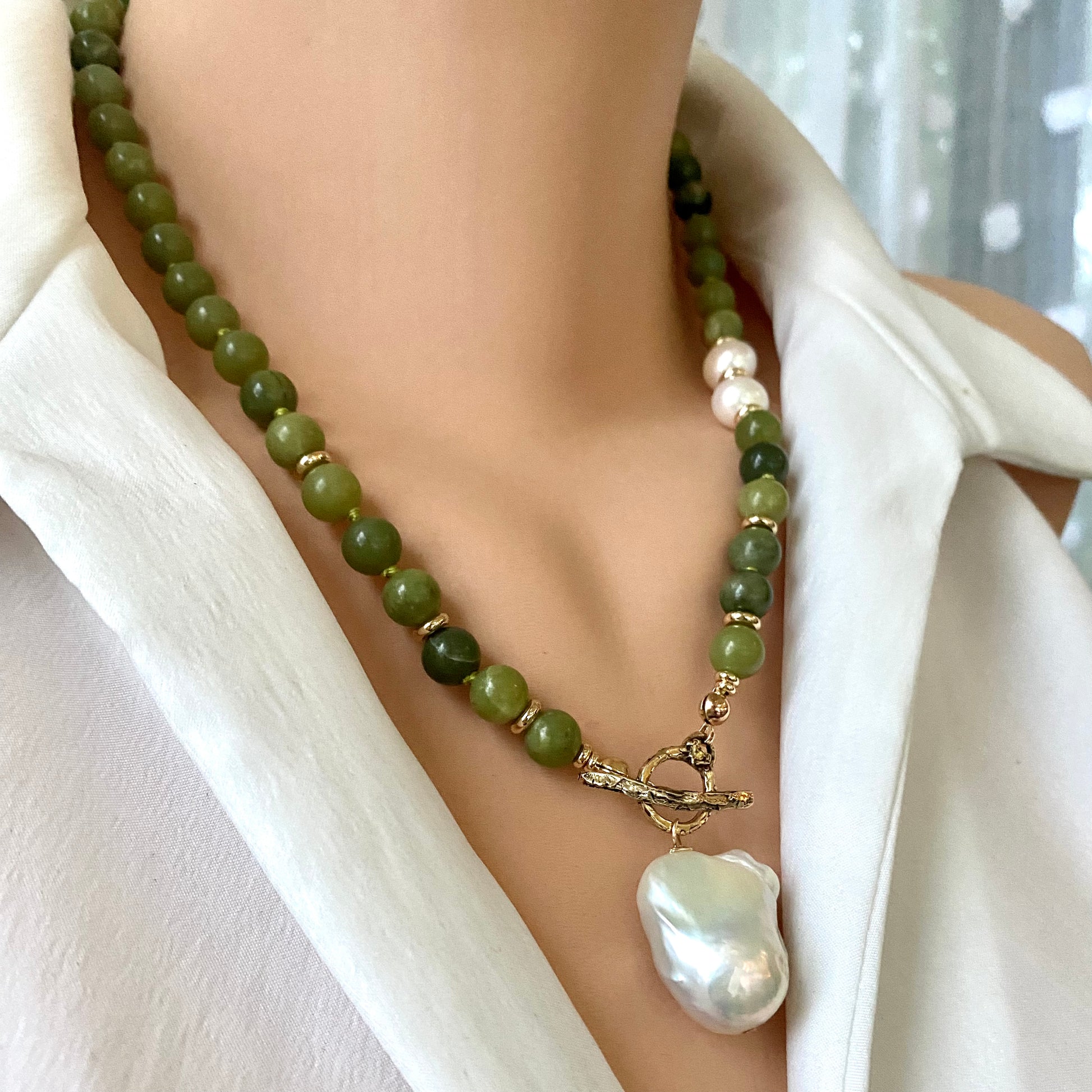 Olive green jade pearl necklace elegant design with olive jade beads and baroque pearl centerpiece