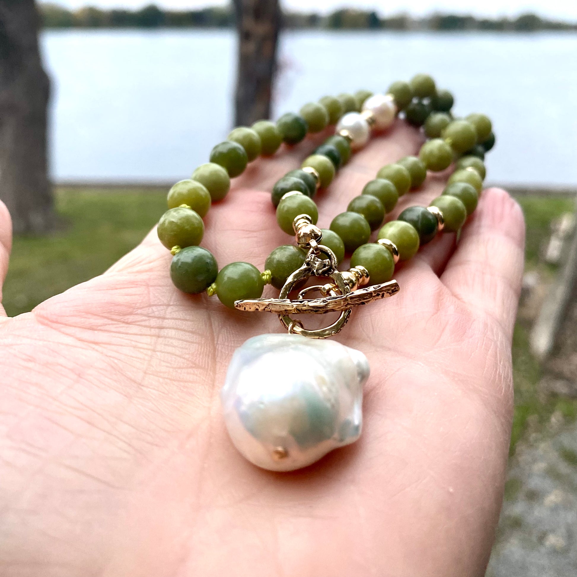 Olive green jade pearl necklace handmade in Canada with olive jade beads and luminous baroque pearl