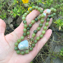 Load image into Gallery viewer, Olive Green Jade &amp; Baroque Pearls Beaded Necklace, Gold Bronze, 20&quot;inches
