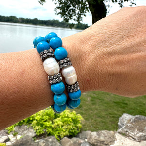 Turquoise Howlite & Pearl Stretch Bracelet, Rhinestones, 7"