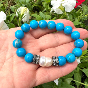Turquoise Howlite & Pearl Stretch Bracelet, Rhinestones, 7"