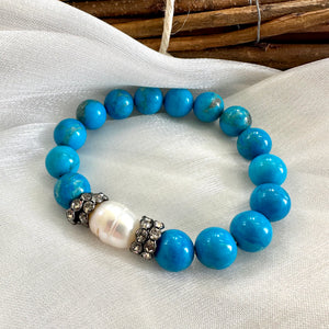Turquoise Howlite & Pearl Stretch Bracelet, Rhinestones, 7"