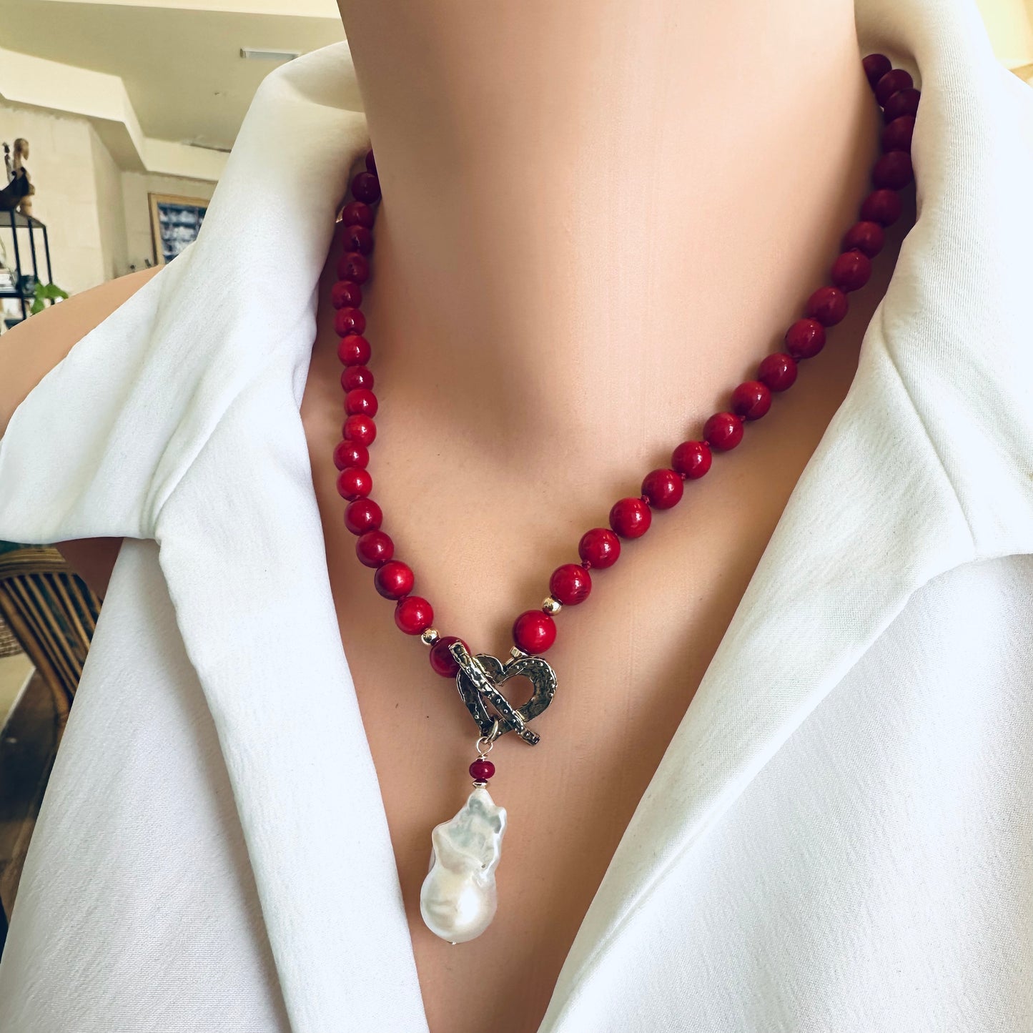 LIVE #7 - Red Bamboo Coral & White Baroque Pearl Toggle Necklace