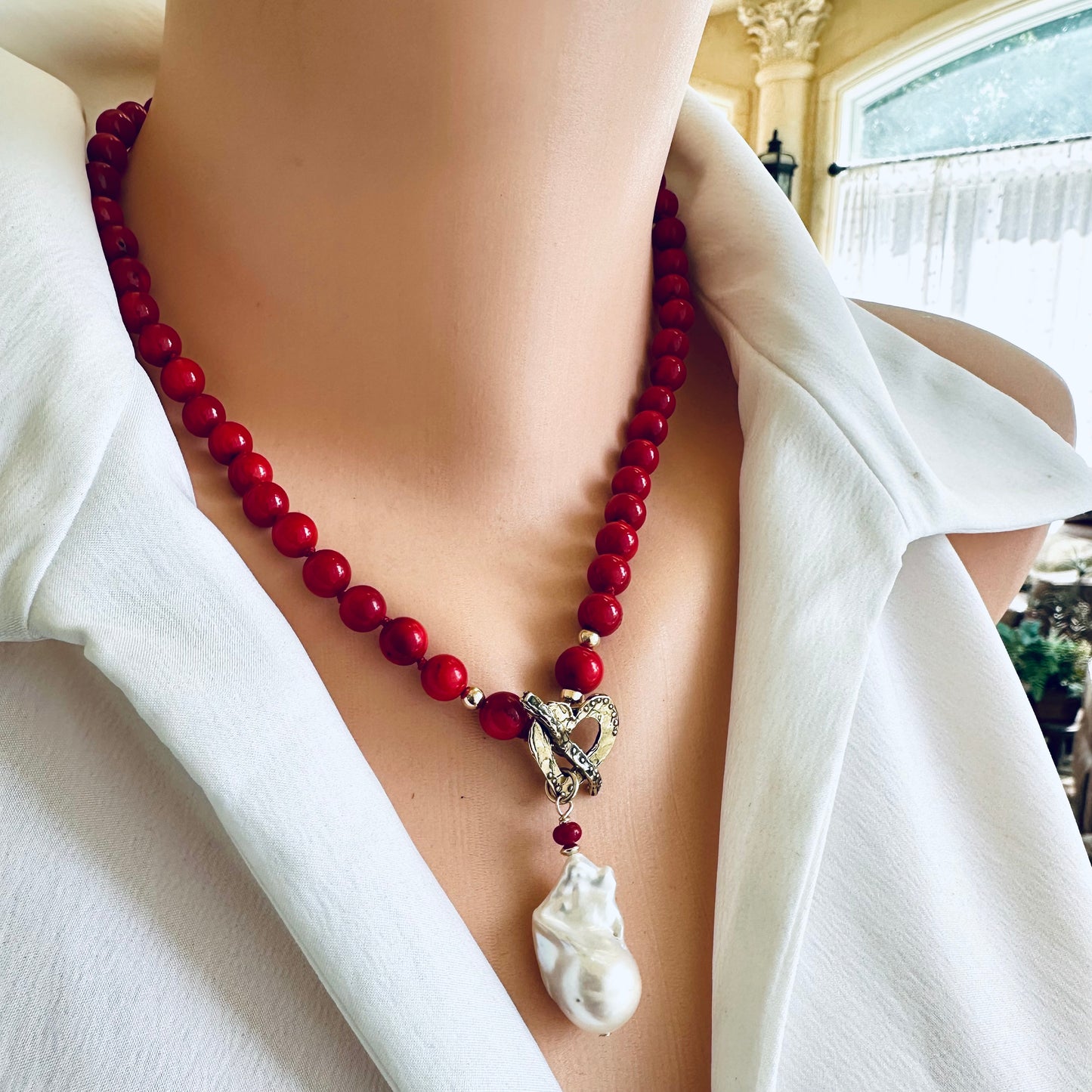 LIVE #7 - Red Bamboo Coral & White Baroque Pearl Toggle Necklace