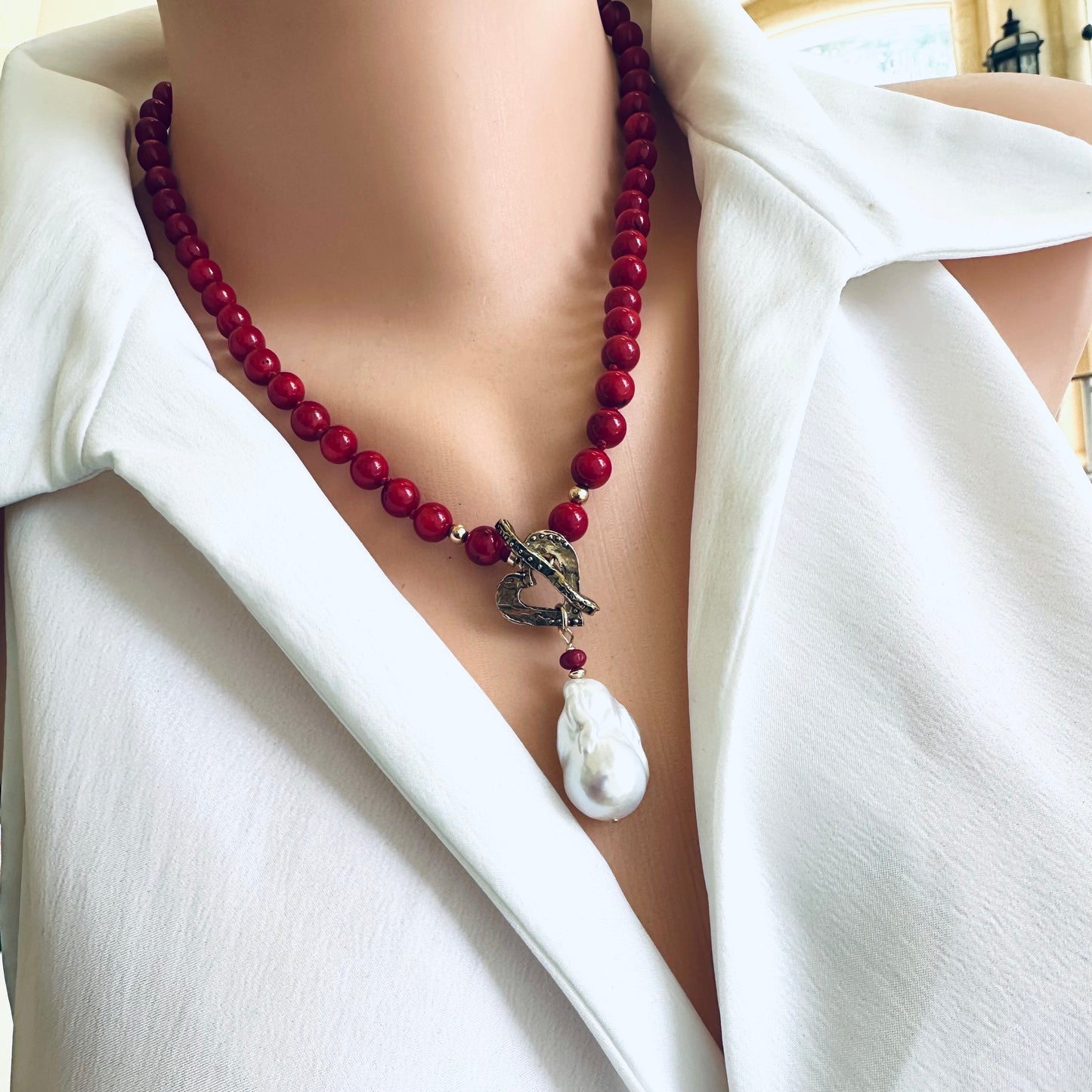 LIVE #7 - Red Bamboo Coral & White Baroque Pearl Toggle Necklace