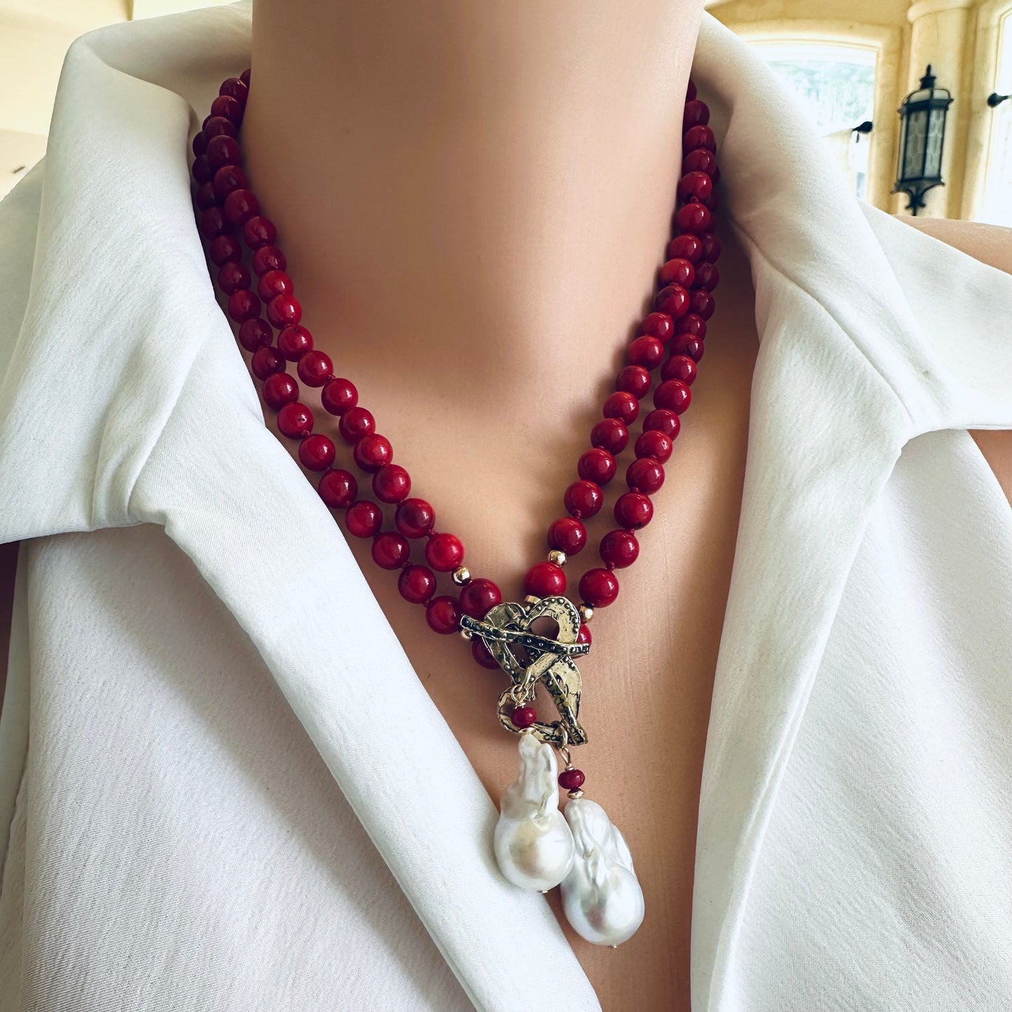 LIVE #7 - Red Bamboo Coral & White Baroque Pearl Toggle Necklace