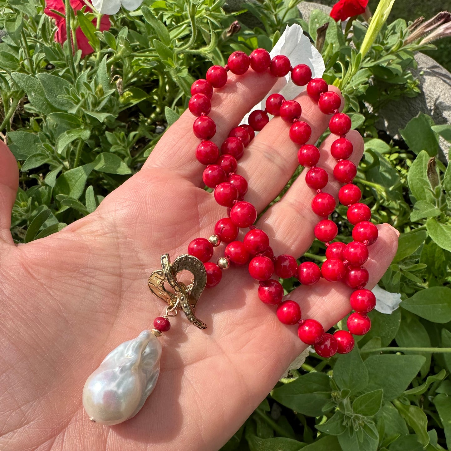 LIVE #7 - Red Bamboo Coral & White Baroque Pearl Toggle Necklace