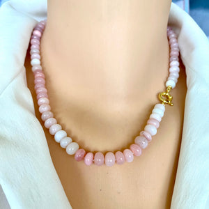Shaded pink smooth opal candy necklace with gold vermeil plated sterling silver marine closure, measuring 18.5 inches. This modern opal jewelry piece features soft pink tones and is a perfect gift for her.