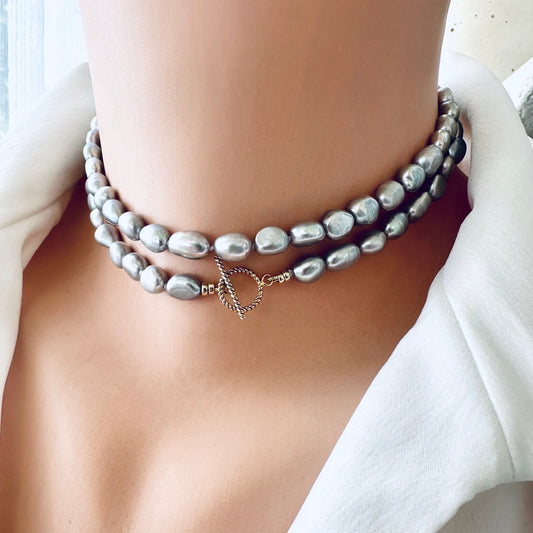 Grey nugget pearl necklace worn as choker on mannequin, frontal view