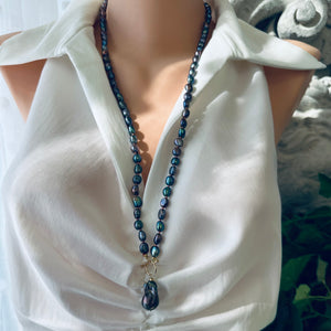 T-Bar Long Peacock Black Pearl Necklace & Baroque Pearl Pendant, GV, 33"