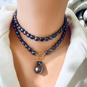 T-Bar Long Peacock Black Pearl Necklace & Baroque Pearl Pendant, GV, 33"