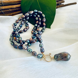 T-Bar Long Peacock Black Pearl Necklace & Baroque Pearl Pendant, GV, 33"