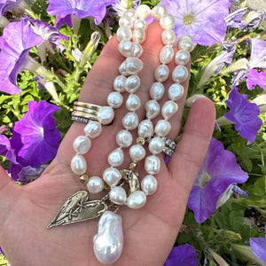 Pearl Toggle Necklace & Artisan Gold Bronze Stitched Heart Pendant, 21"
