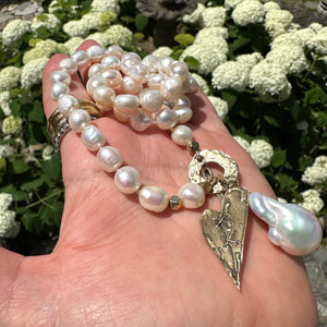 Pearl Toggle Necklace & Artisan Gold Bronze Stitched Heart Pendant, 21"