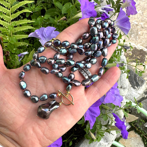 T-Bar Long Peacock Black Pearl Necklace & Baroque Pearl Pendant, GV, 33"