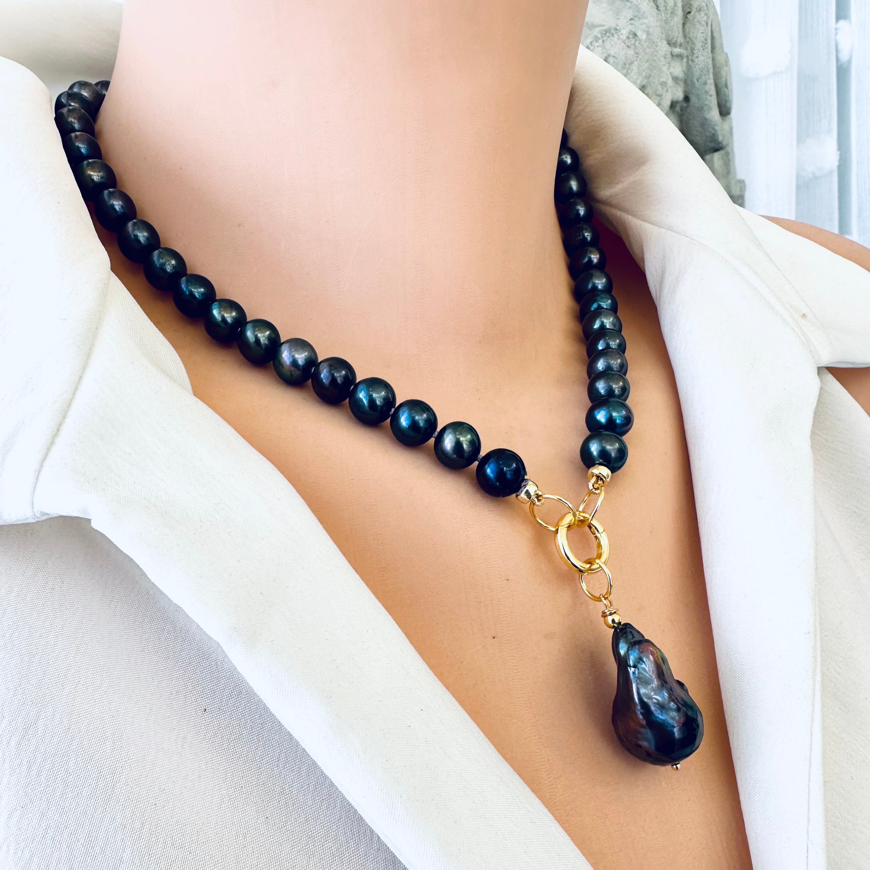 Black Pearl Necklace with Removable Black Baroque Pearl Pendant Gold Loulia Pearl Jewelry