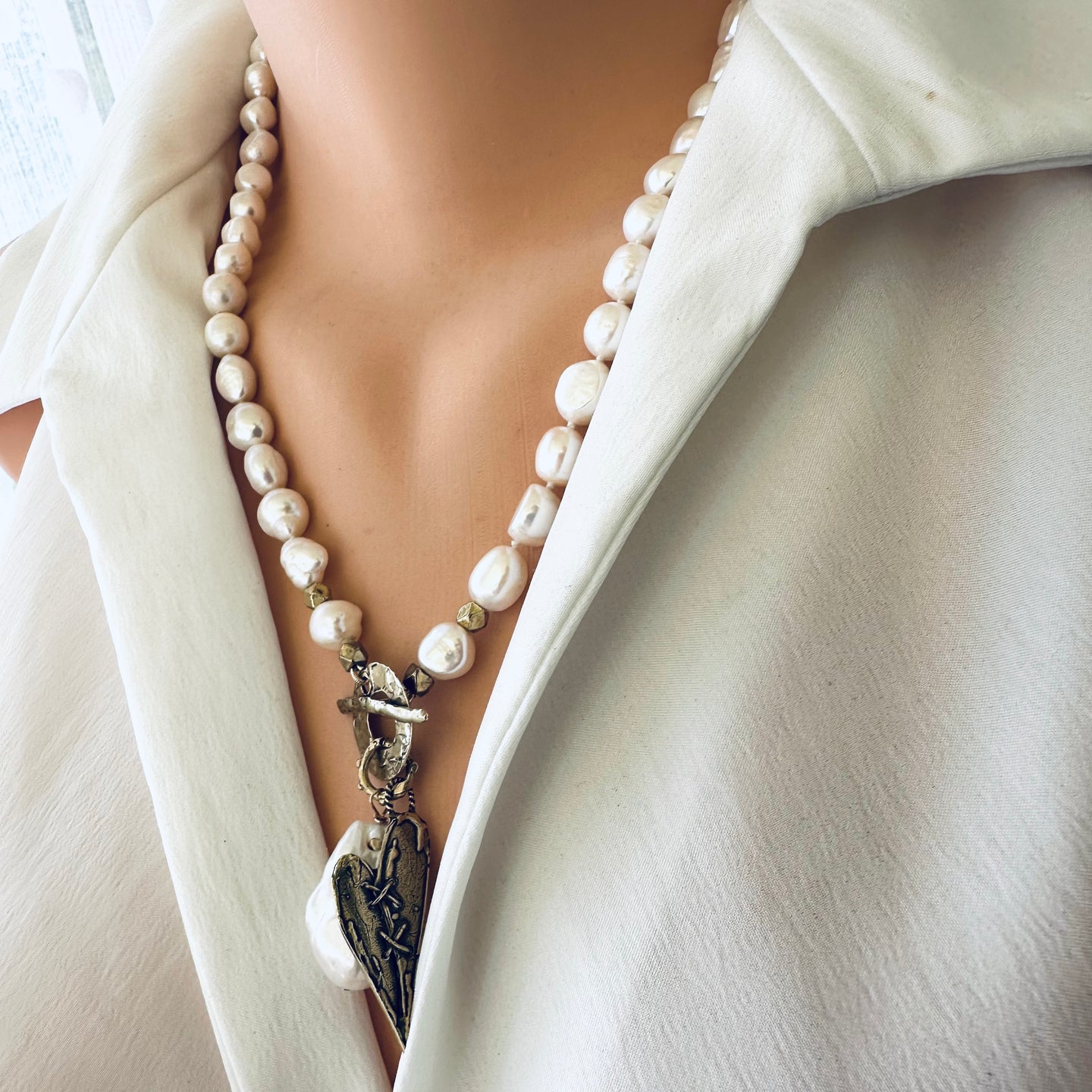 Pearl Toggle Necklace & Artisan Gold Bronze Stitched Heart Pendant, 21