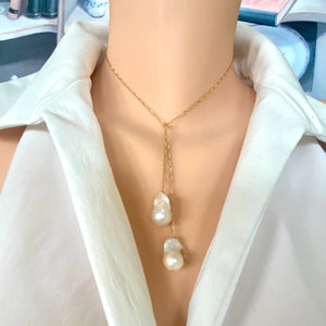 Baroque Pearl Lariat Necklace, Gold Filled Lariat Necklace, Figaro Chain Y Necklace, Baroque Pearl Necklace