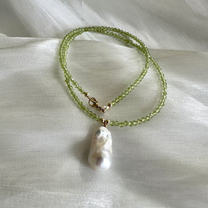 Peridot Beaded Necklace & Baroque Pearl Pendant, 14K GF, 18.5"