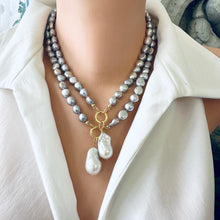 Load image into Gallery viewer, Grey Freshwater Pearl Necklace with White Baroque Pearl Removable Pendant &amp; Push Lock Closure, Gold Vermeil Details, 18-19&quot;in
