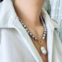 Load image into Gallery viewer, Grey Freshwater Pearl Necklace with White Baroque Pearl Removable Pendant &amp; Push Lock Closure, Gold Vermeil Details, 18-19&quot;in

