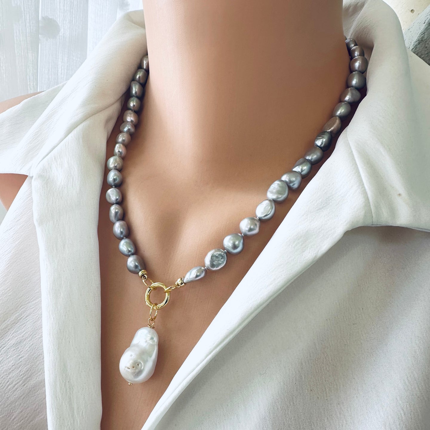 Grey Freshwater Pearl Necklace with White Baroque Pearl Removable Pendant & Push Lock Closure, Gold Vermeil Details, 18-19