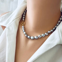Load image into Gallery viewer, Grey Freshwater Pearl Necklace with White Baroque Pearl Removable Pendant &amp; Push Lock Closure, Gold Vermeil Details, 18-19&quot;in
