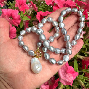 Grey Freshwater Pearl Necklace with White Baroque Pearl Removable Pendant & Push Lock Closure, Gold Vermeil Details, 18-19"in