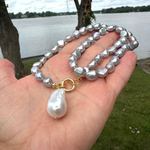 Load image into Gallery viewer, Grey Freshwater Pearl Necklace with White Baroque Pearl Removable Pendant &amp; Push Lock Closure, Gold Vermeil Details, 18-19&quot;in
