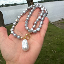 Load image into Gallery viewer, Grey Freshwater Pearl Necklace with White Baroque Pearl Removable Pendant &amp; Push Lock Closure, Gold Vermeil Details, 18-19&quot;in
