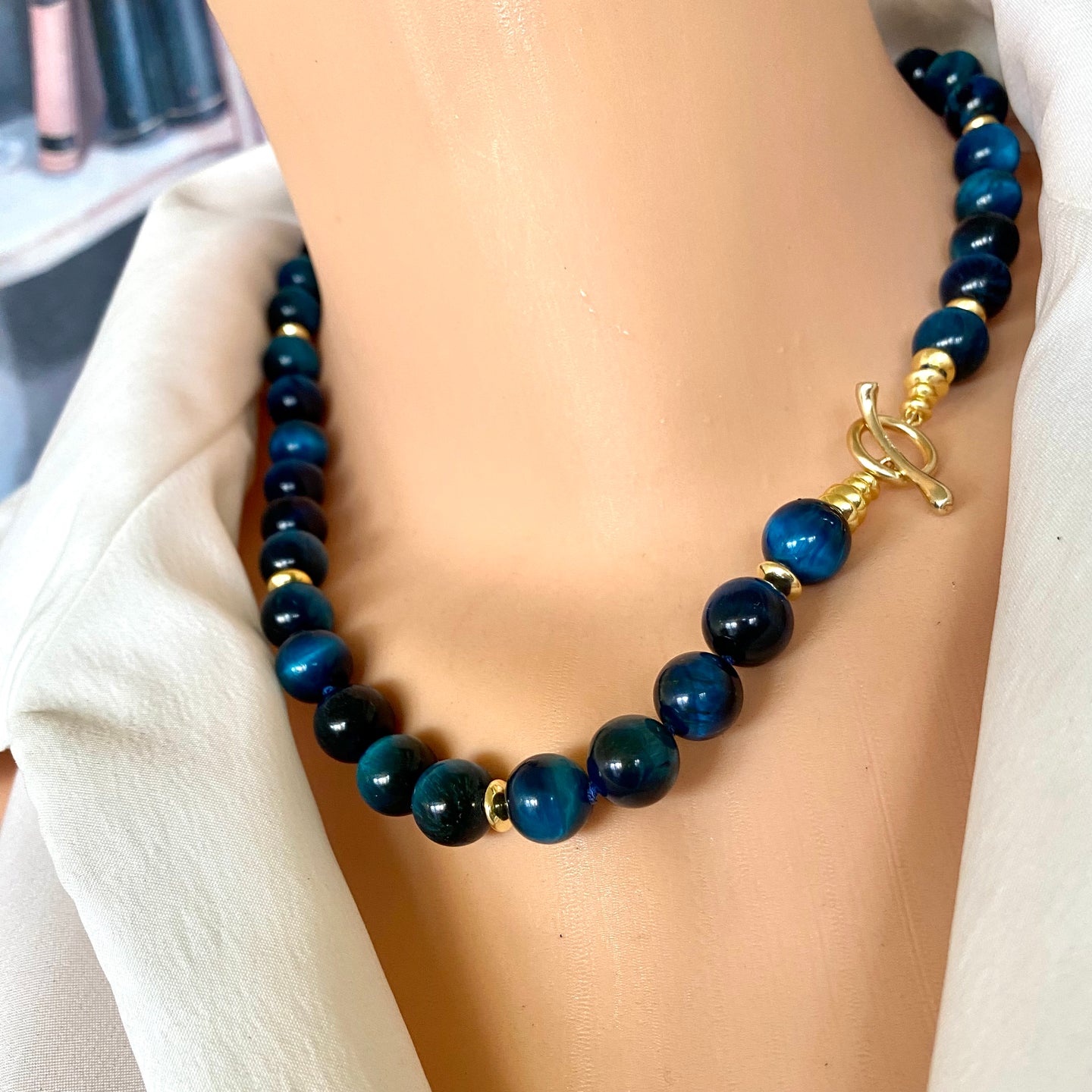 Hand Knotted Blue Black Tiger's Eye Candy Necklace w Gold Vermeil, 18.5