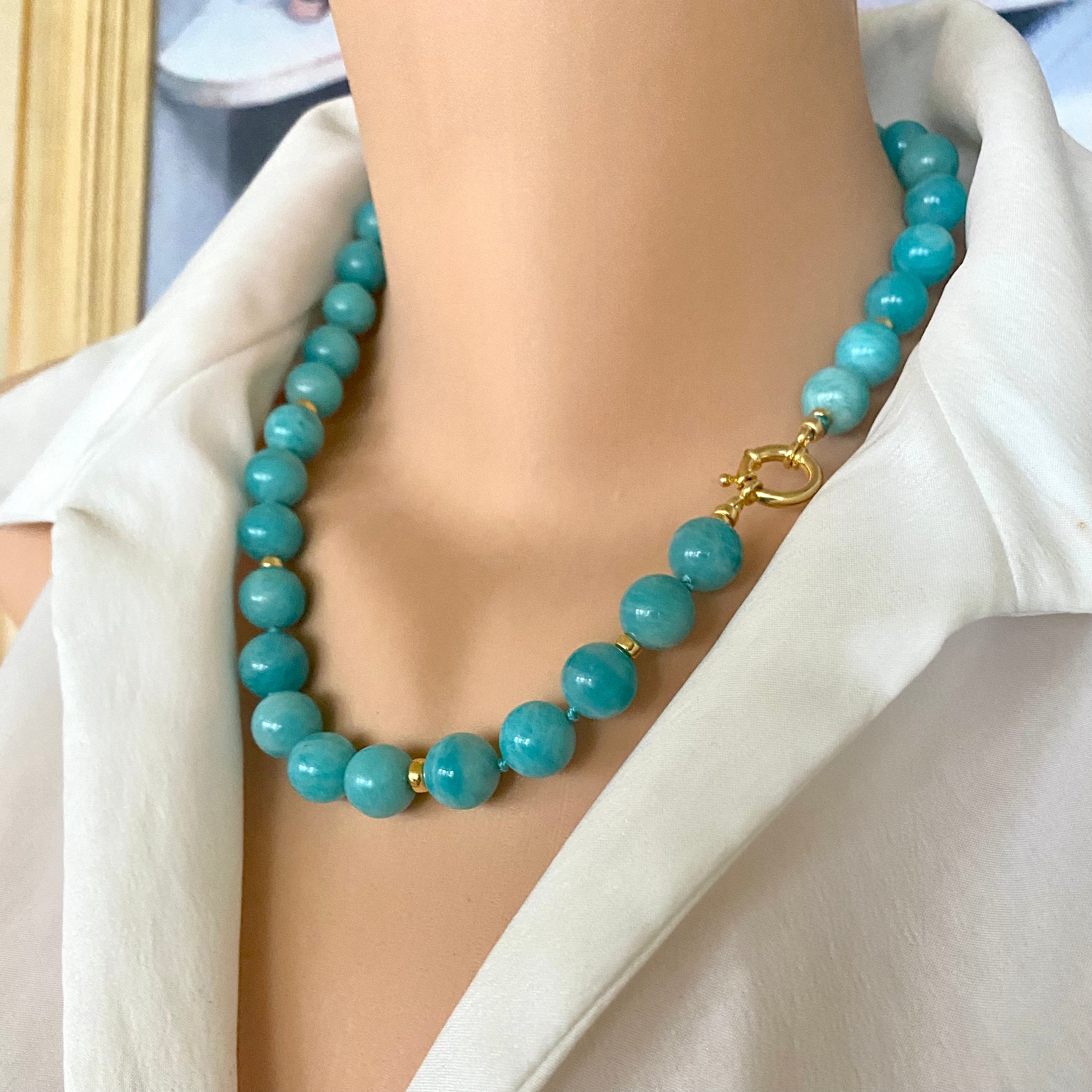 Chunky Blue Amazonite Gumball Candy Necklace, Gold