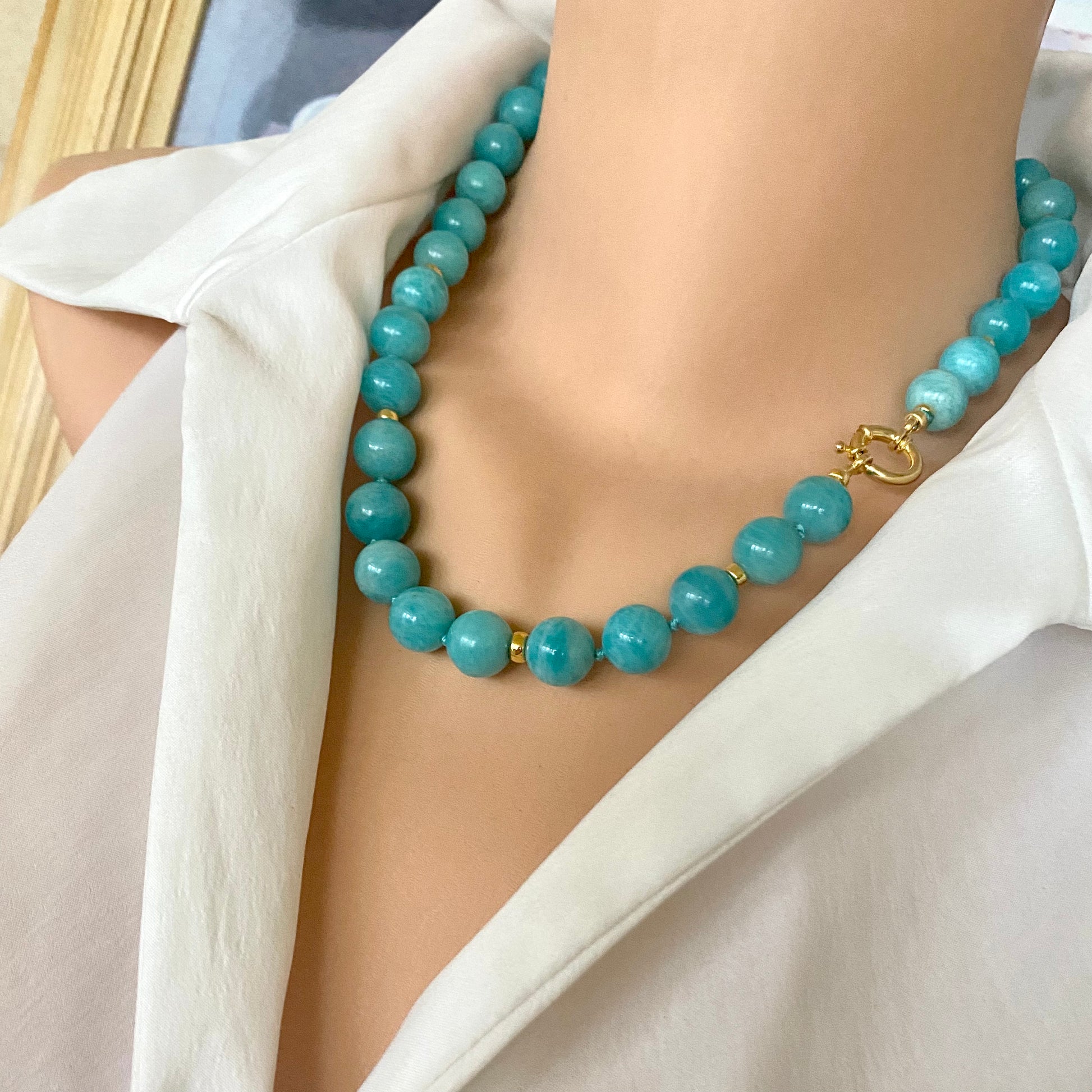 Blue Amazonite Beaded Necklace showcasing vibrant blue tones and large beads, handmade in Canada.