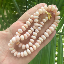 Load image into Gallery viewer, Graduated pink smooth opal candy necklace 8-11mm with gold vermeil plated sterling silver marine closure, measuring 18.5 inches. This modern opal jewelry piece features soft pink tones and is a perfect gift for her.
